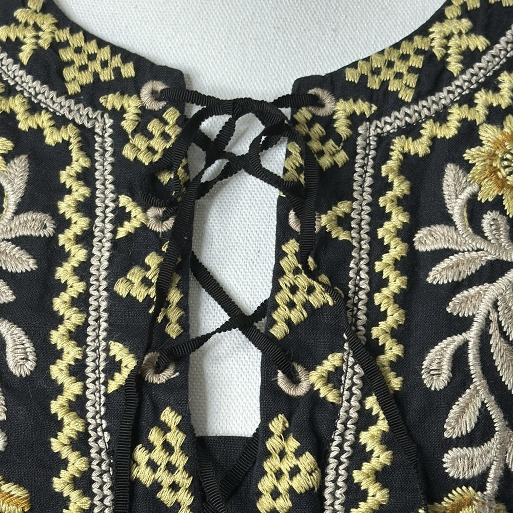 Johnny Was Black Lace-Up Embroidered Floral Blouse with Gold Accents - Picture 2 of 7